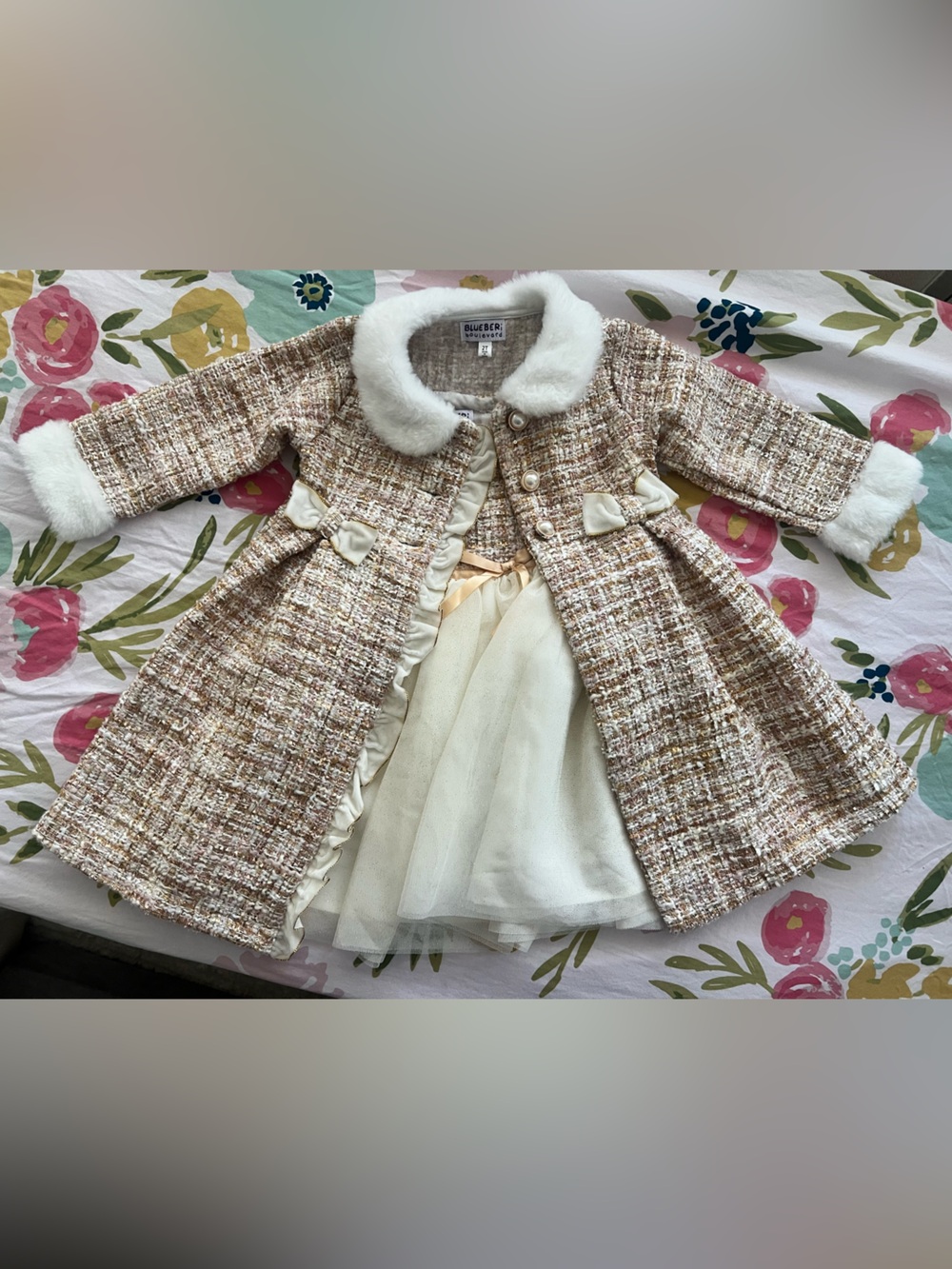 Girls Cream & Brown Tweed Dress Coat with Faux Fur Trim